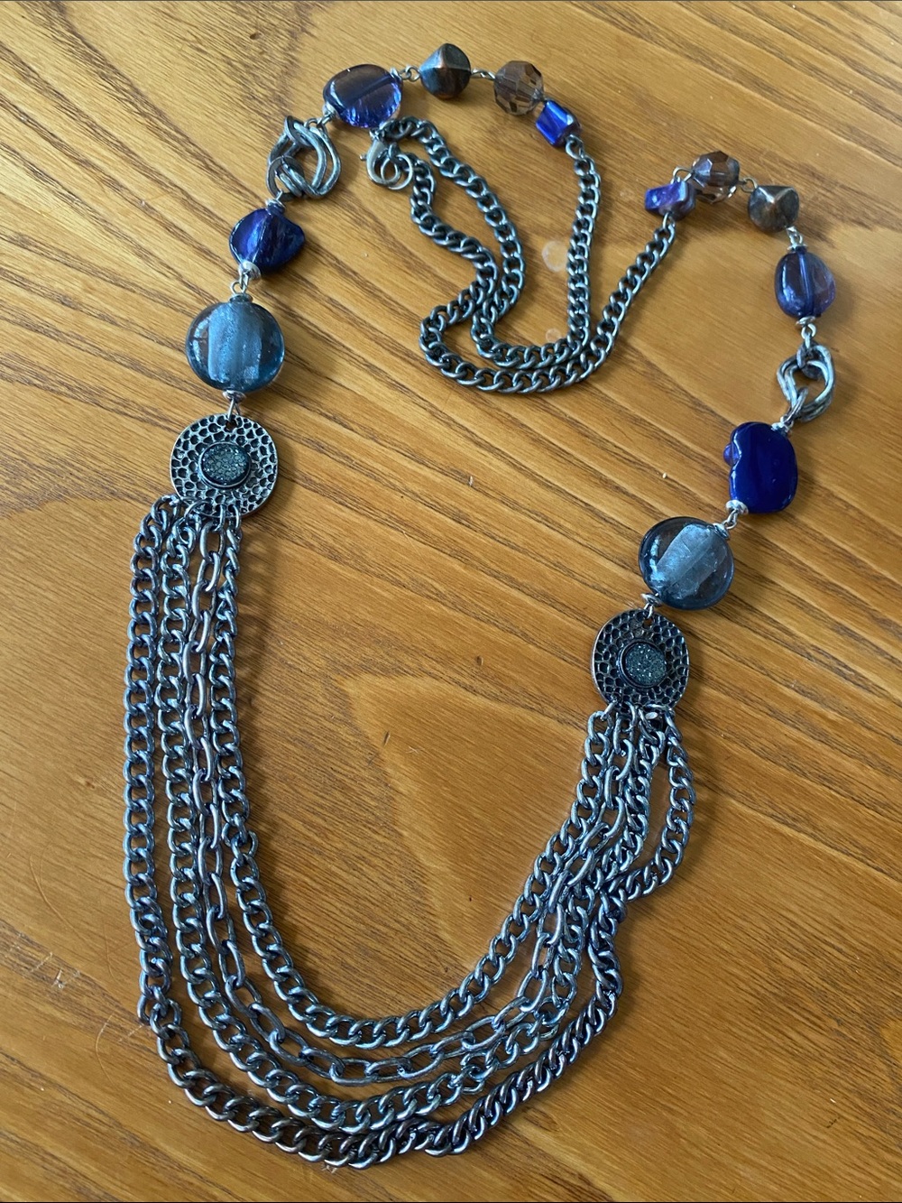 Blue glass, shell & metal Beaded Multi-Chain Statement Necklace